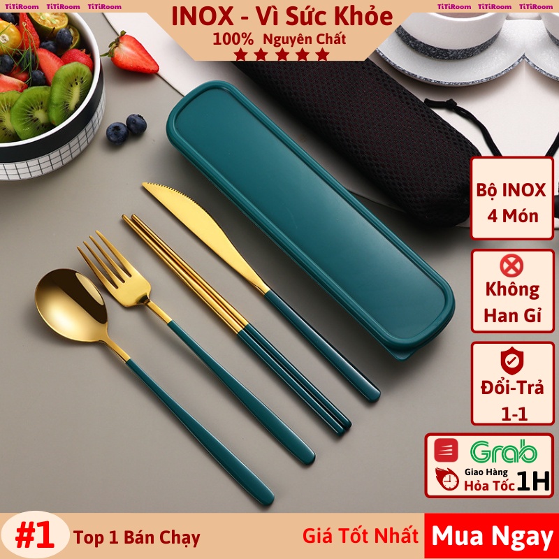 Bộ muỗng đũa nĩa thìa inox 304 mạ vàng sang chảnh cao cấp Dụng cụ cá nhân ăn cơm văn phòng dã ngoại titiroom