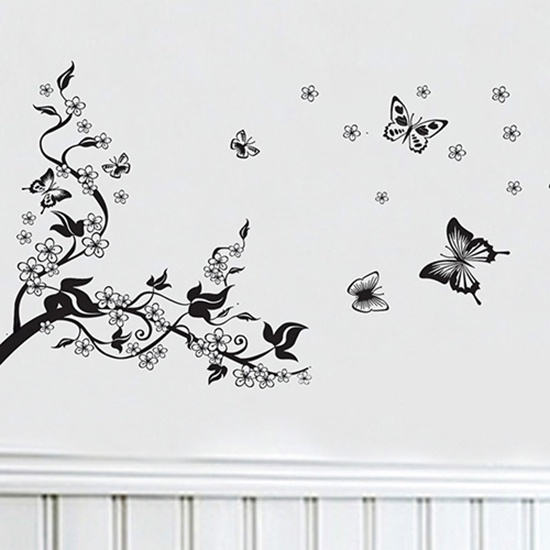 Miếng Dán Tường Trang Trí Hình Hoa &amp; Bướm Màu Đen DIY