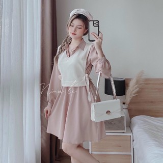 Đầm Sơ Mi Nữ Dáng Xòe Phối Áo Len Borip Cực Chất, Cực Xinh, Váy Nữ 2 Món Bánh Bèo Có 3 Màu Tone Da