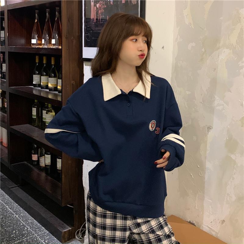 Áo Hoodie Lông Dày Dặn Cổ Bẻ Dáng Rộng In Họa Tiết Phối Nút Thời Trang Hàn Quốc