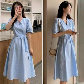 Váy thiết kế dáng dài, đầm đi chơi cổ V kèm thắt đai eo xinh xắn