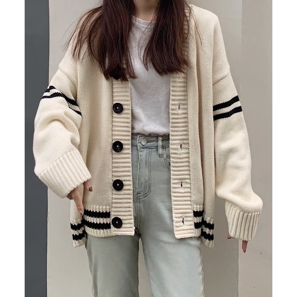 Áo khoác cardigan nữ áo khoác len dáng basic phối sọc viền PANOSI - A111