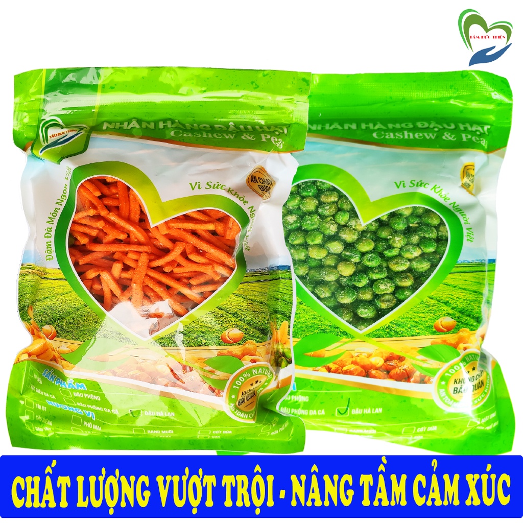 Combo 2 Túi 2 Vị: Hà Lan Rang Muối 500GR và Bim Bim Que & Đậu Hà Lan 335GR Tâm Đức Thiện đồ ăn vặt