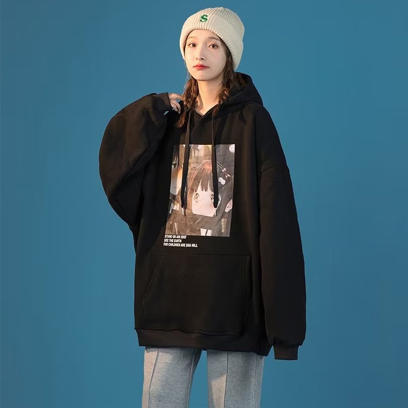 IELGY    Áo Hoodie Dáng Rộng In Họa Tiết Hoạt Hình Phong Cách Hong Kong Thời Trang Cho Nữ