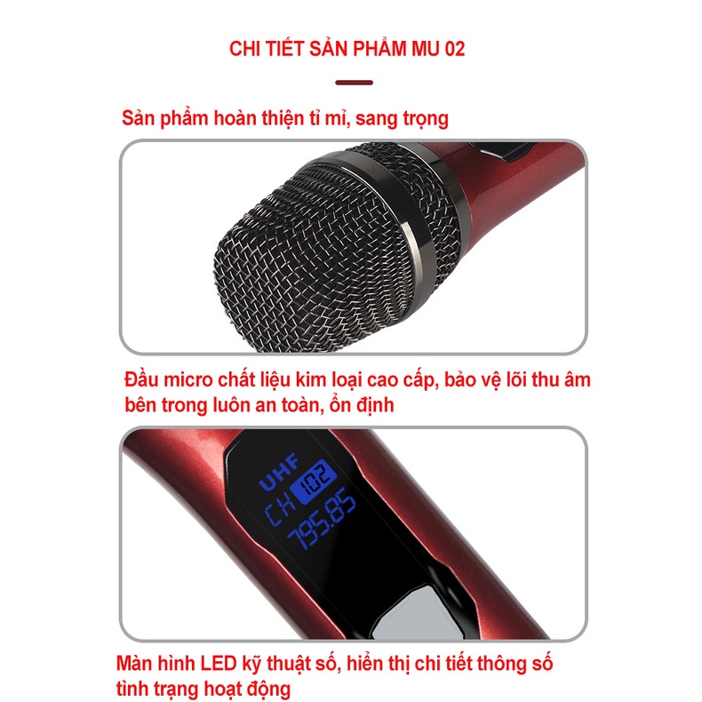 Bộ 2 Micro Karaoke ONTEKCO MU02 GOLD Không Dây Siêu Sang, Chuyên Dùng Cho Loa Kéo, Kết Nối Xa Tới 30m Qua Đầu Thu Mini