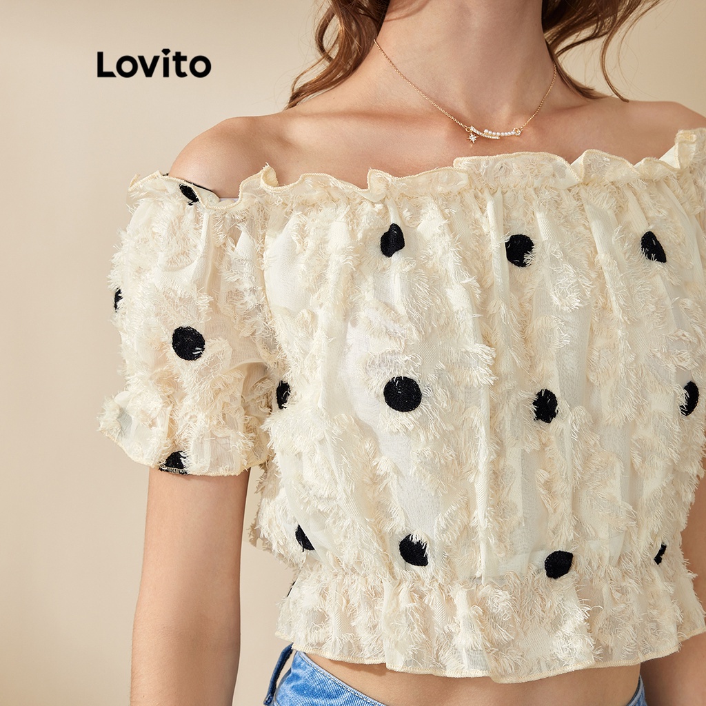 Lovito Áo sơ mi chấm bi thông thường lệch vai Áo diềm xếp nếp L20D1060 (màu mơ)