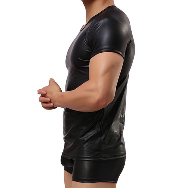 Áo Thun Da PU Ngắn Tay Phong Cách Đường Phố Gợi Cảm Cho Nam