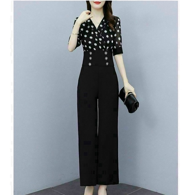 Set Đồ Công Sở Nữ, Bộ Đồ Áo Chấm Bi Cố V Tay Ngắn Phối Quần Suông Ống Rộng Cho Nàng Thanh Lịch H28