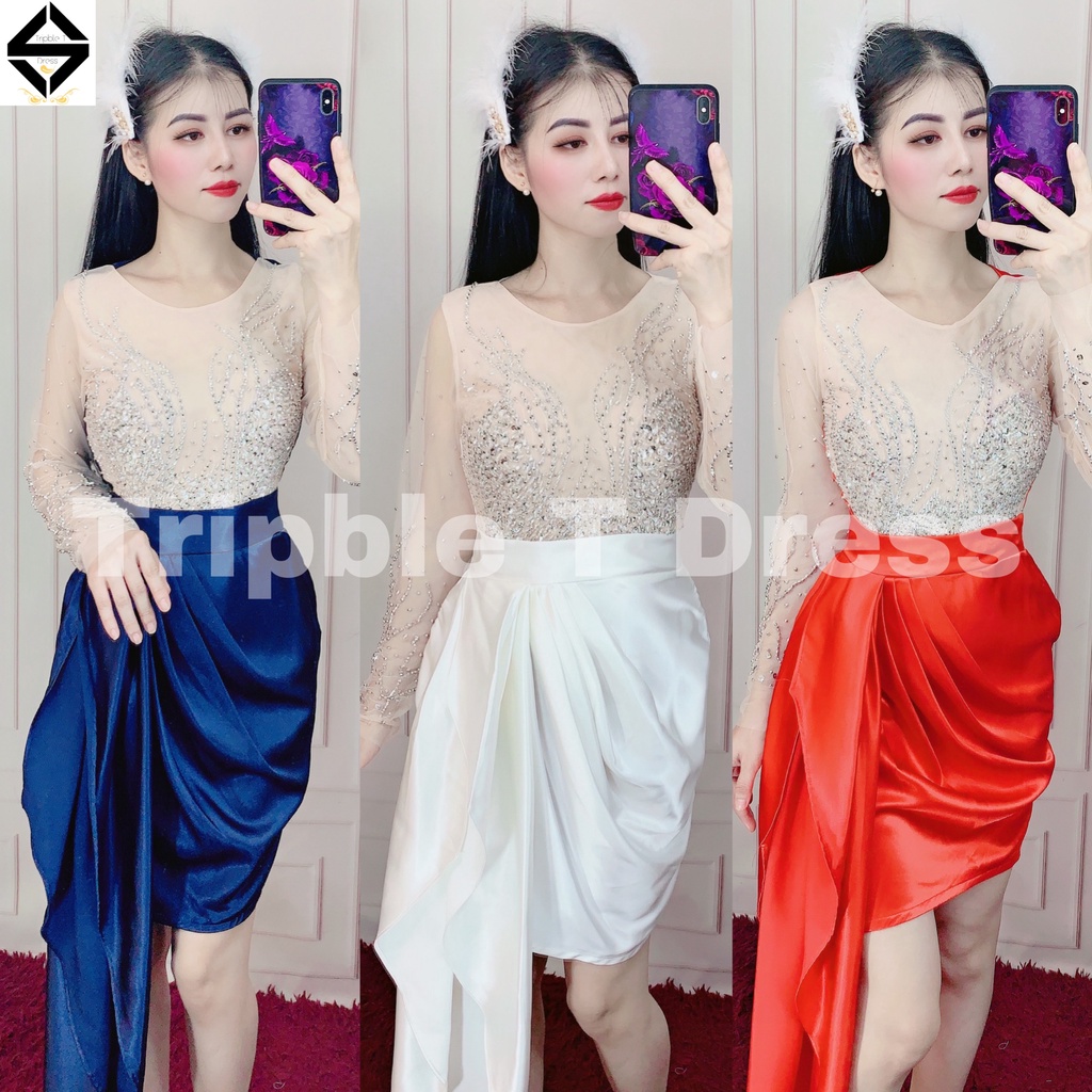 Đầm body ngắn tay dài lưới kết đá cườm TRIPBLE T DRESS - size S/M/L - MS229Y