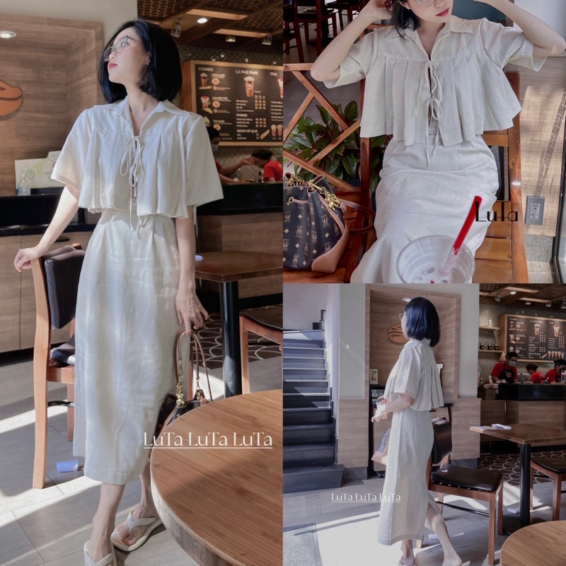 SET VÁY CAO CẤP ÁO CROPTOP CỘT NƠ CHẤT LINEN SIÊU XINH
