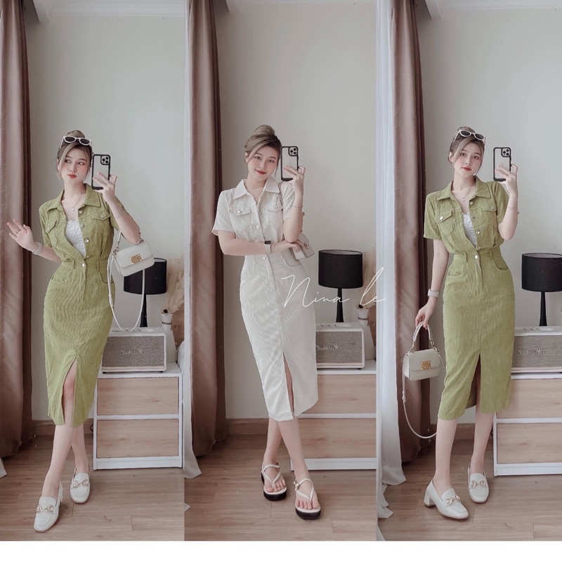 Đầm body phối cổ sơ mi ngắn tay