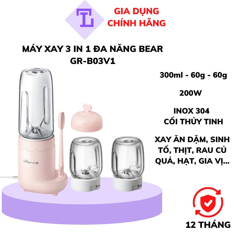 Máy xay ăn dặm mini cho bé 3 cối Bear LLJ-C04J1, 200W, Dung tích 300ml, xay thịt, sinh tố, thực phẩm rau củ quả,bột khô