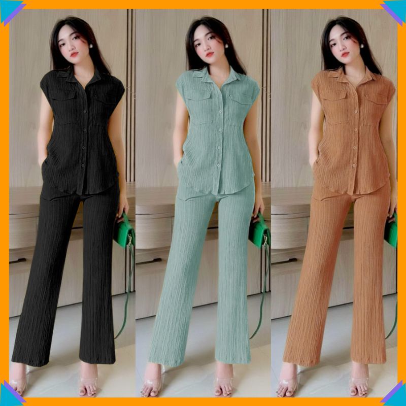 Set bộ nữ lụa xốp quần dài ống suông áo sơ mi 2 túi xinh xắn J1190