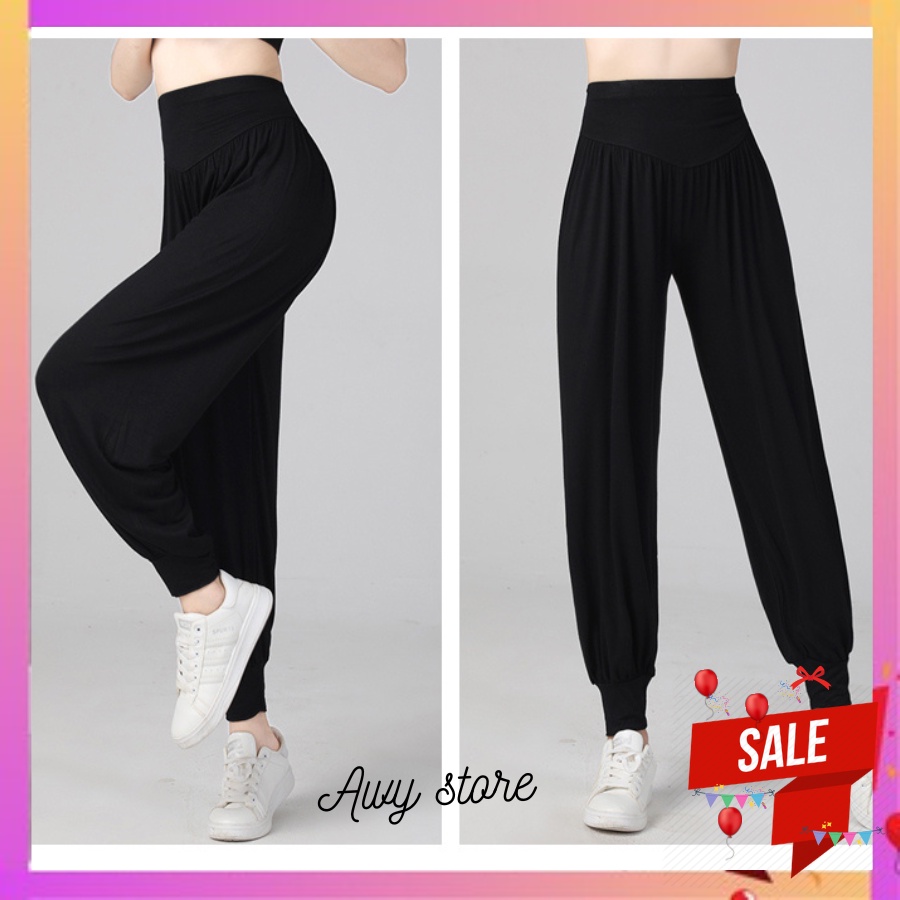 Quần tập Yoga zumba dáng alibaba chất cotton màu đen