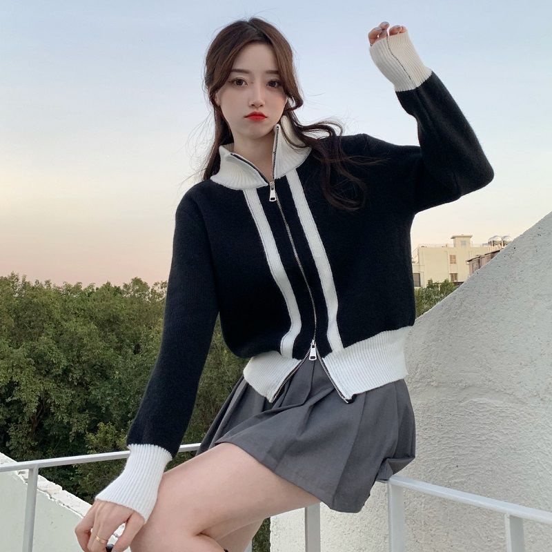 COZOK Áo Khoác cardigan Dệt Kim Tay Dài Cổ Cao Màu Sắc Tương Phản Có Khóa Kéo Thời Trang