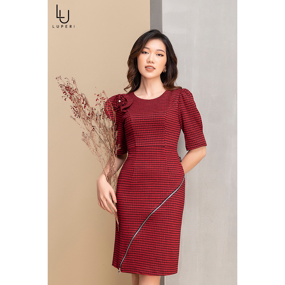 Đầm Tay Bồng Đính Nơ Phụ Kiện Khóa Luperi LFV3249