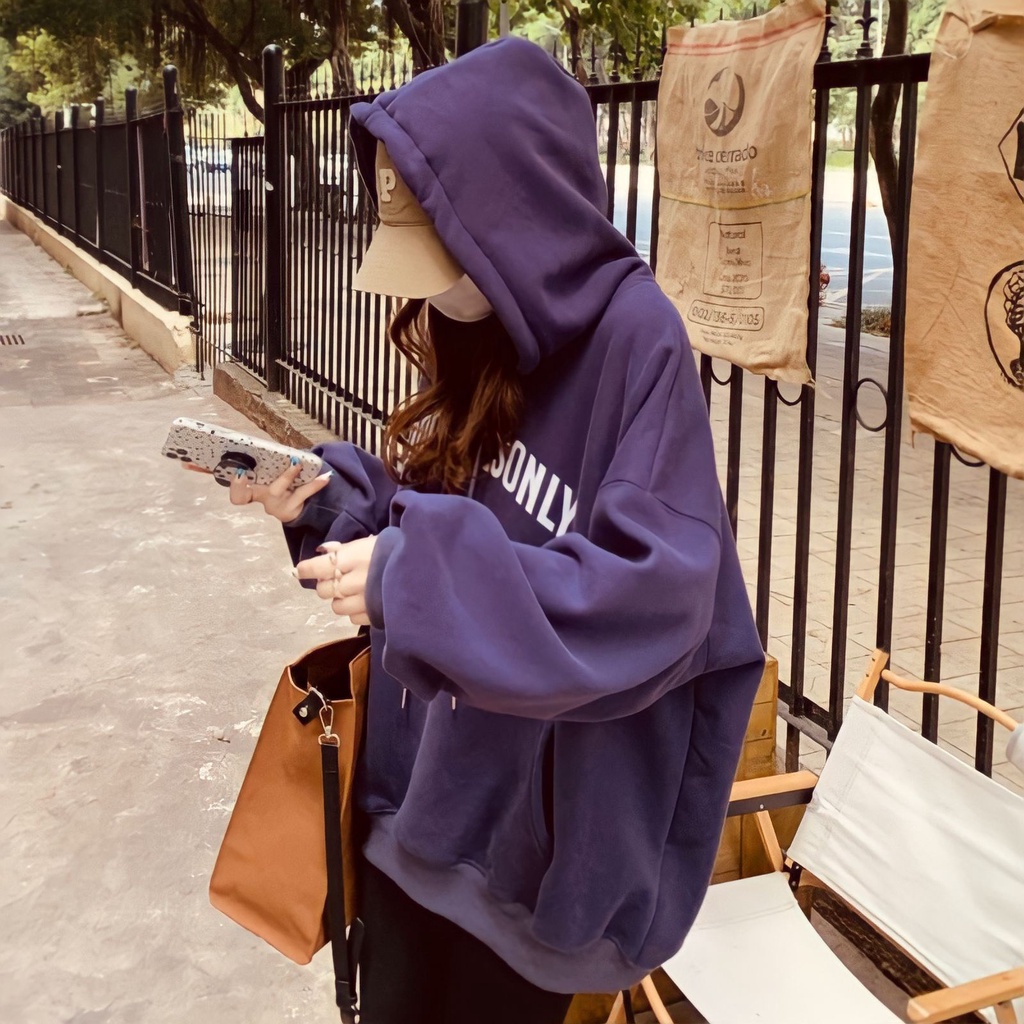 Áo hoodie nỉ unisex good màu tím dáng rộng mũ trùm from dưới 65kg -Minxy shop