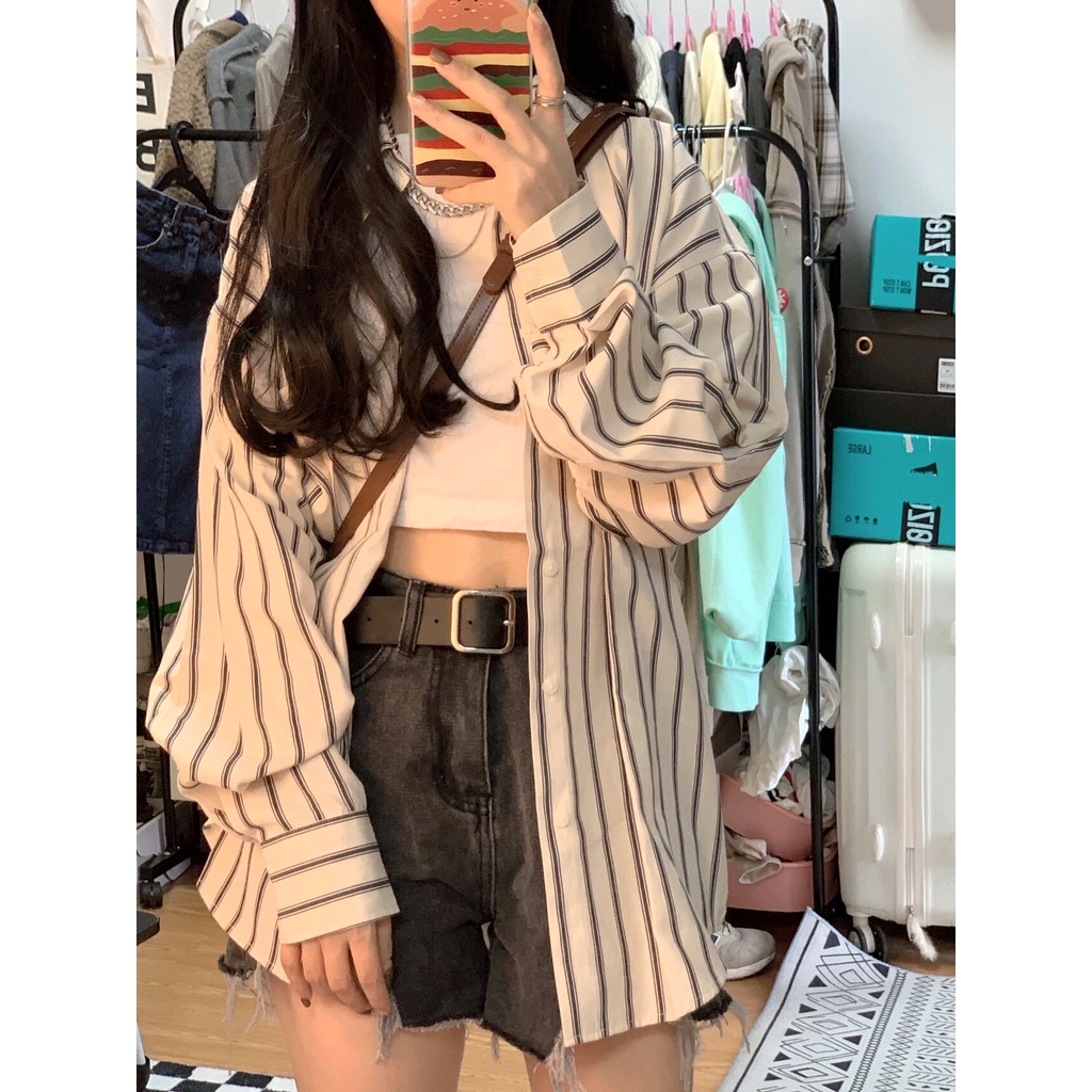 Áo Khoác Sơ Mi Tay Dài Chống Nắng Họa Tiết Kẻ Sọc Thời Trang Hàn Quốc Cho Nữ