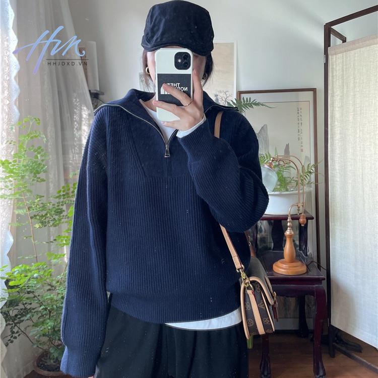 Áo Sweater Cổ Cao Dáng Rộng Phối Khóa Kéo Đơn Giản Theo Phong Cách Thu Đông Hàn Quốc Dành Cho Nữ