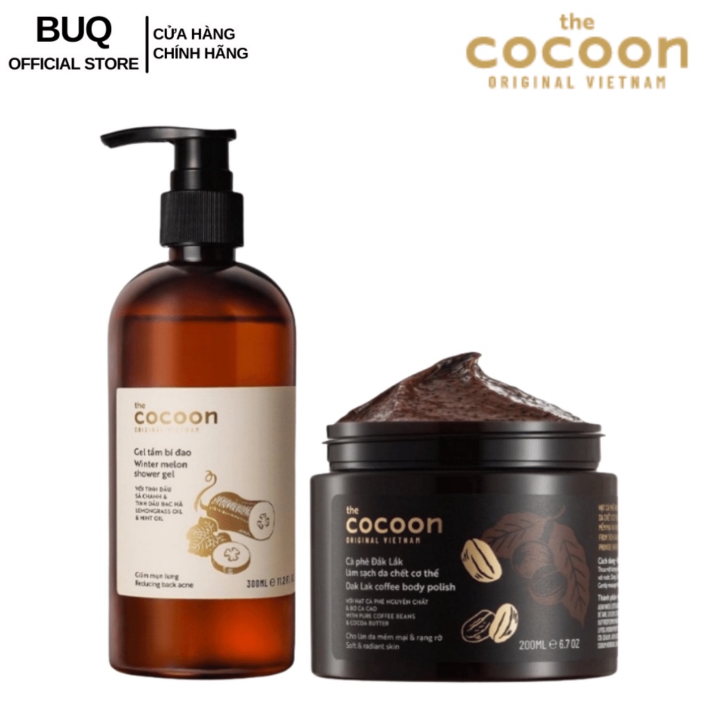 Combo Sáng Mịn Sạch Mụn Lưng : 1 Gel Tắm Bí Đao Cocoon 310ml + 1 Cà Phê Đắk Lắk Làm Sạch Da Chết Cơ Thể Cocoon 200ml