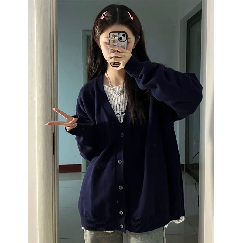 Áo khoác len mỏng xanh navie nam nữ form Oversize