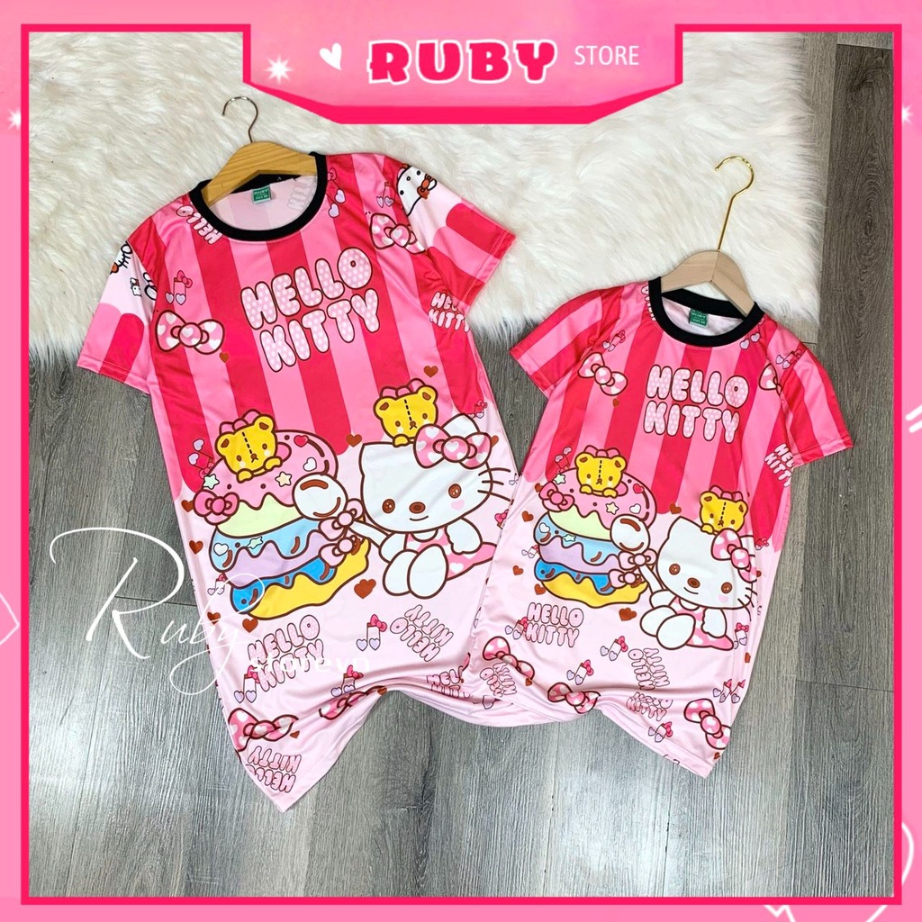 Đầm thun suông phom rộng mẹ và bé size đến 70kg chất thun mềm mát in hình gấu chibi dễ thương DAMRB FULL SIZE
