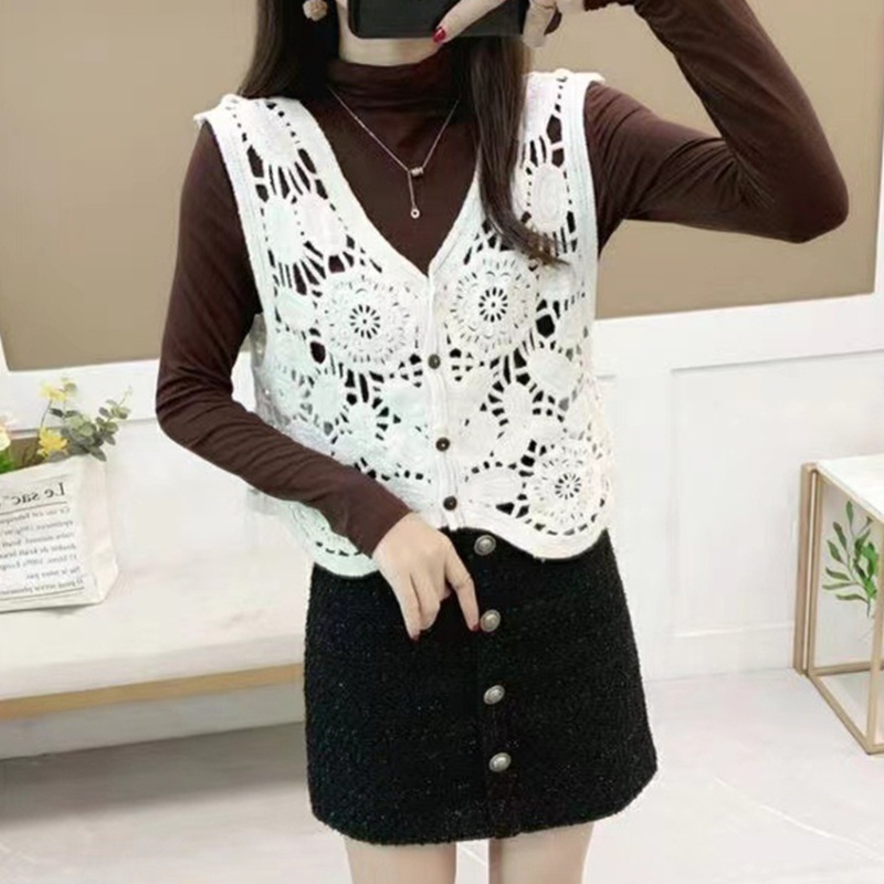 Áo Khoác Dệt Kim Không Tay Dáng Rộng Cài Nút Họa Tiết Hoa Thời Trang Mùa Thu Cho Nữ Thẻ