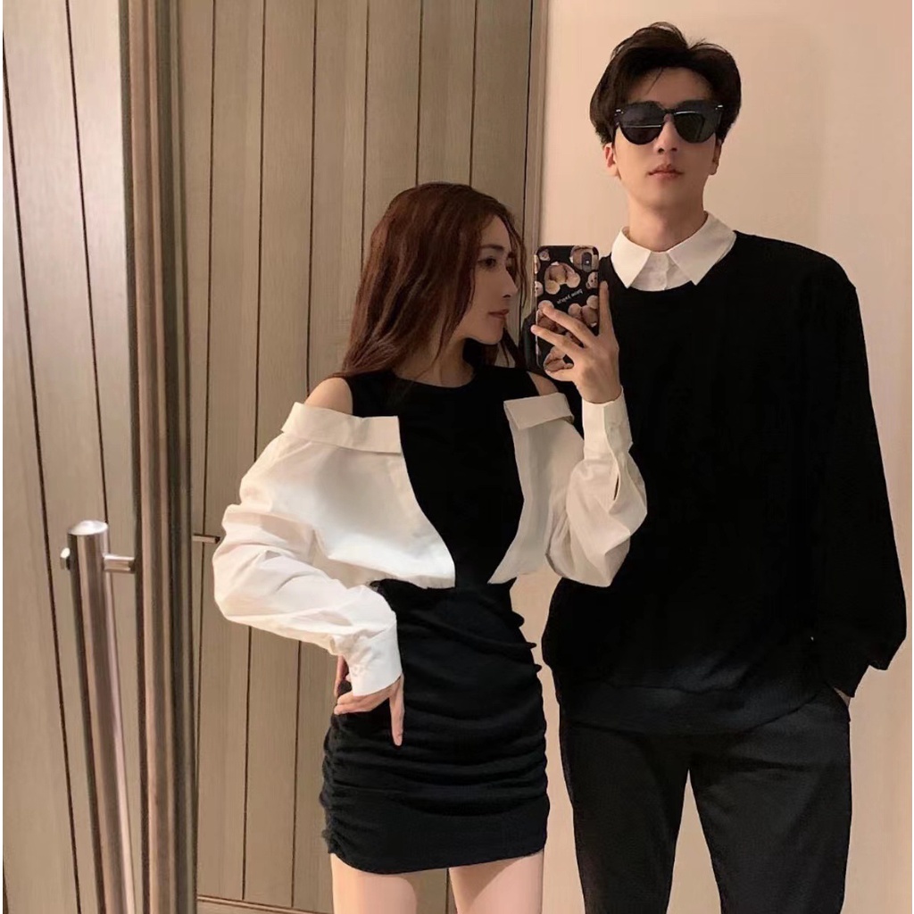Set đồ đôi nam nữ áo váy phối sơ mi màu đen trắng trễ vai hàng Quảng Châu cao cấp COUPLELOVE C031