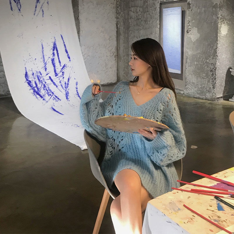 Jiashuchengv Áo Sweater Dáng Rộng Khoét Lỗ Rỗng Phong Cách Xuân Thu Mới Dễ Phối Đồ Cho Nữ