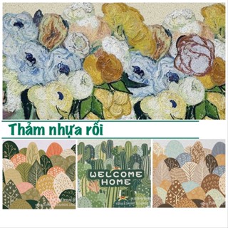 Thảm chùi chân cửa ra vào nhựa rối PVC họa tiết CÂY VÀ HOA xanh lá cỡ 40*60cm