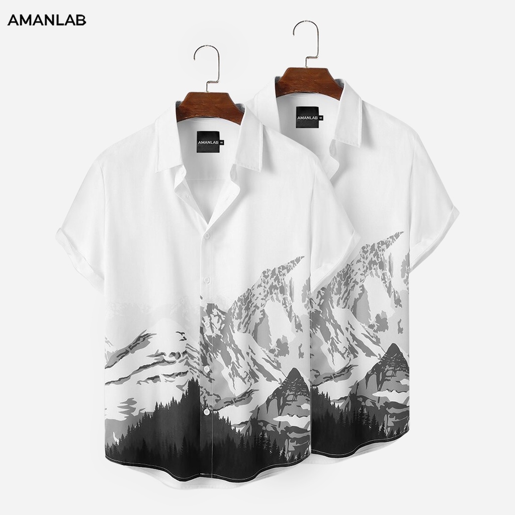 Áo sơ mi nam ngắn tay họa tiết núi tuyết, chất thoáng mát, không nhăn, form regular SNOW AMANLAB