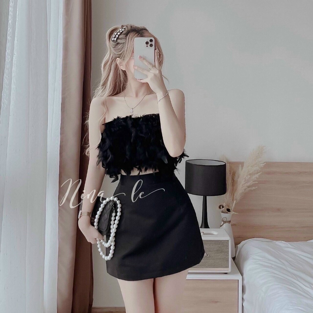 Sét bộ áo ống lông vũ phối chân váy chữ A cực hot