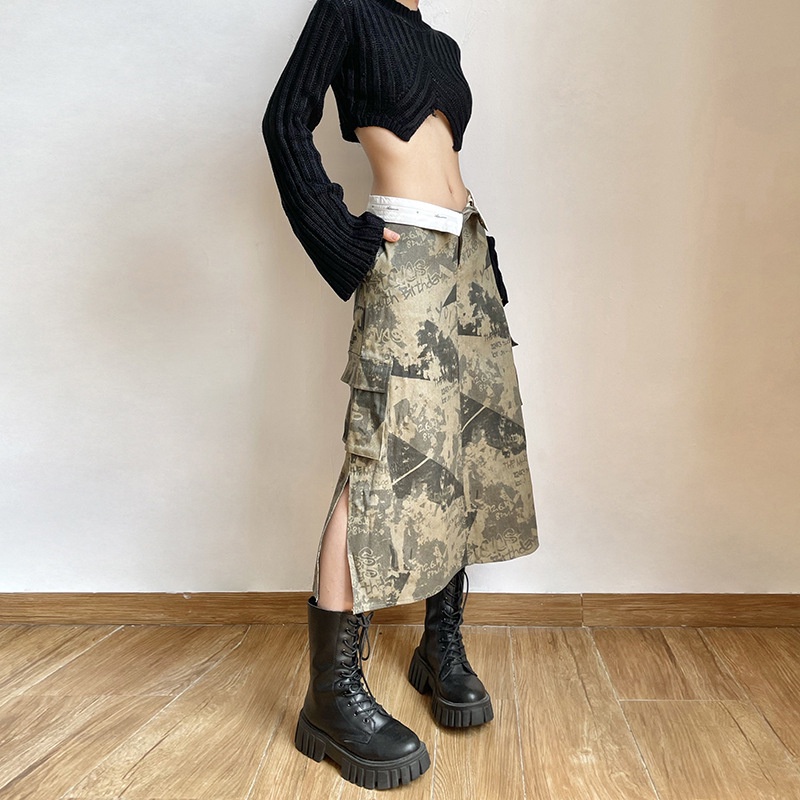Chân Váy Xẻ Tà Lưng Cao In Chữ Phối Khóa Kéo Phong Cách Retro Đường Phố