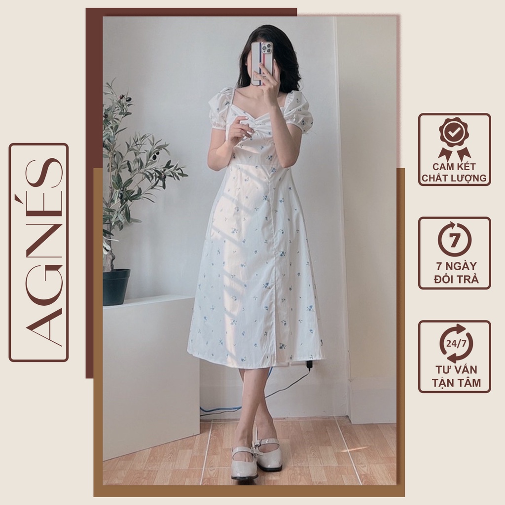 Đầm hoa nhí xanh xẻ tà dáng dài 2 lớp thiếu nữ mùa hè kiểu Pháp, Váy hoa nhí ulzzang siêu xinh AGNÉS