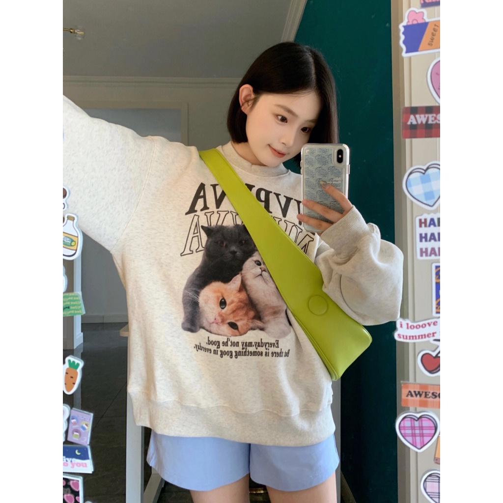 Áo sweater XINLANYASHE dáng rộng in hình mèo kiểu Hàn Quốc xinh xắn cho nữ