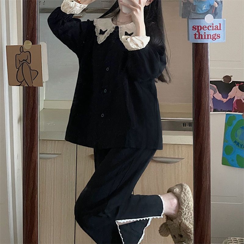 Bộ Đồ Ngủ Dài Tay Màu Đen Đính Nơ Thời Trang Xuân Thu Cho Nữ