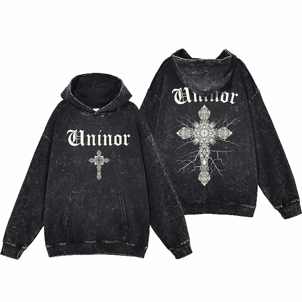 Áo hoodie nỉ wash nam nữ Uninor dáng rộng mũ 2 lớp áo nỉ chân cua 100% cotton dày dặn hình thánh giá