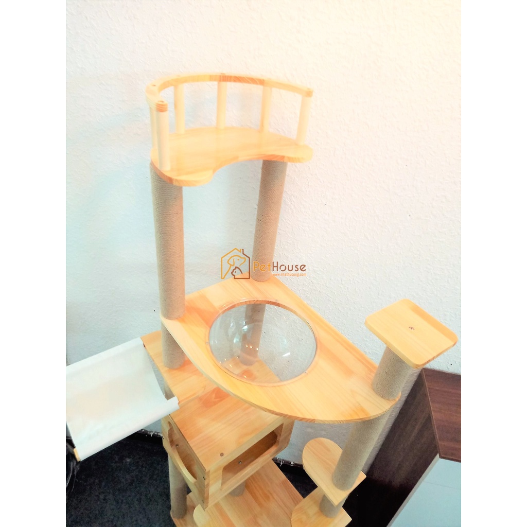 Nhà cây cho mèo đa năng loại lớn có cào móng và nhà nghỉ cattree sản gỗ thông tự nhiên