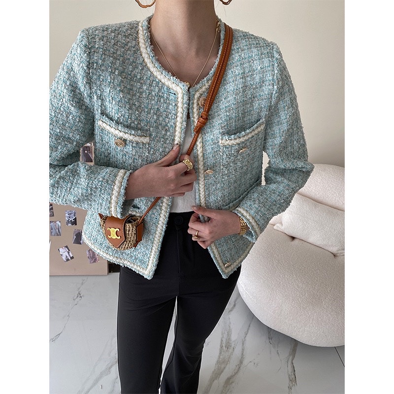 Áo khoác dạ tweed dáng ngắn viền phối có túi hai bên, áo dạ cầu vồng viền thừng