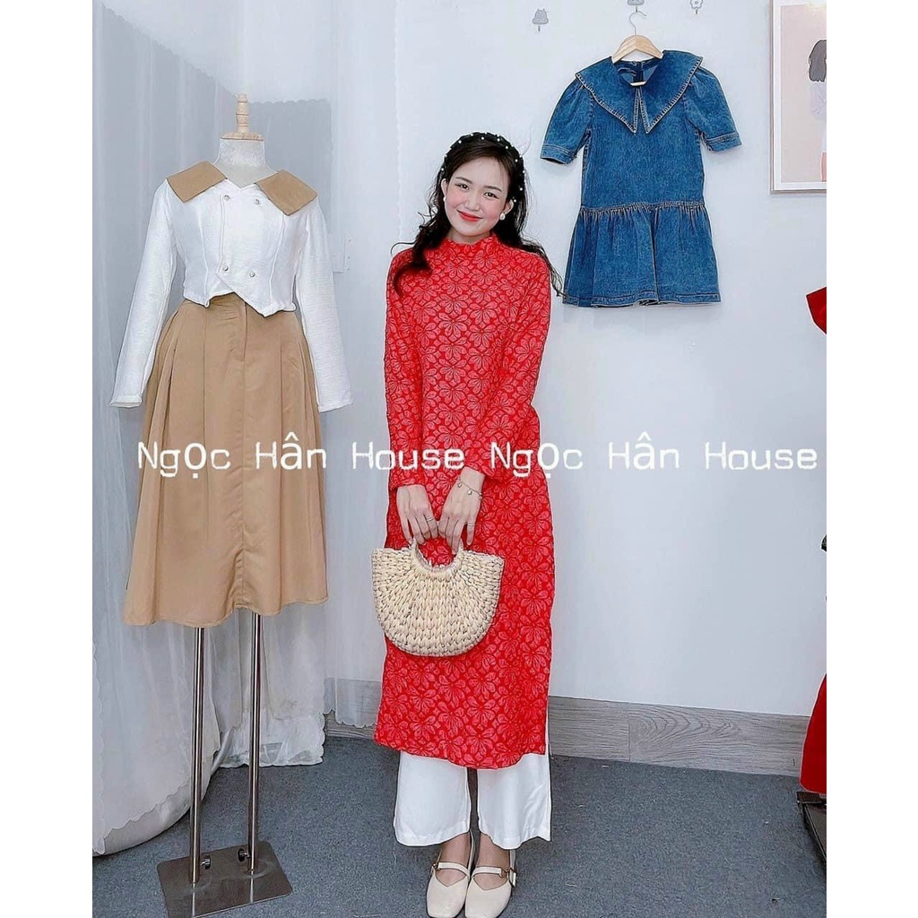 Set áo dài đỏ họa tiết hoa cá thắt nơ quần trắng dài ống suông dập li chơi noel đi chùa tết ngọc hân house