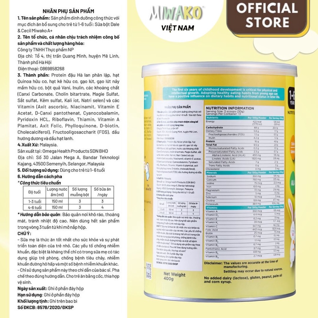 Sữa Công Thức Hạt Thực Vật Hữu Cơ MIWAKO A+ Vị Vani 700g x 6 hộp (4.2kg) - Miwako Official Store