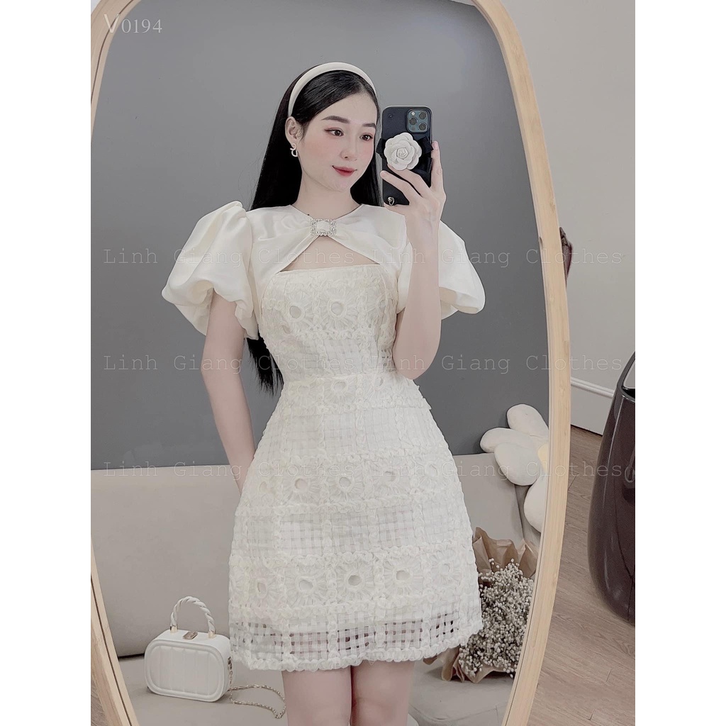ĐẦM TRẮNG REN HOA TAY PHỒNG CUTOUT NGỰC KHOEN