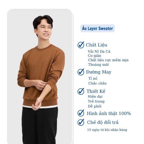 Áo Sweater Nam Nữ Phối Layer 2 Lớp Basic Xám, Đen, Nâu Chất Da Cá Hàn Cao Cấp