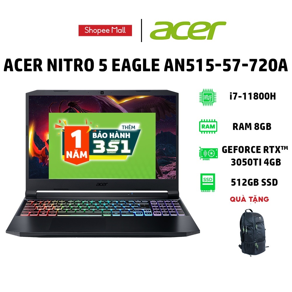 Laptop Acer Nitro 5 Eagle AN515-57-720A i7-11800H 8GB 512GB RTX™ 3050Ti 15.6' FHD