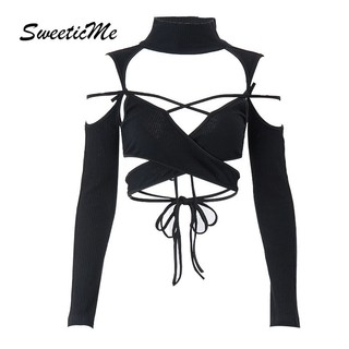 Áo thun nữ SweeticMe Mới Thời trang giản dị Gợi cảm Slim dài tay màu trơn rỗng