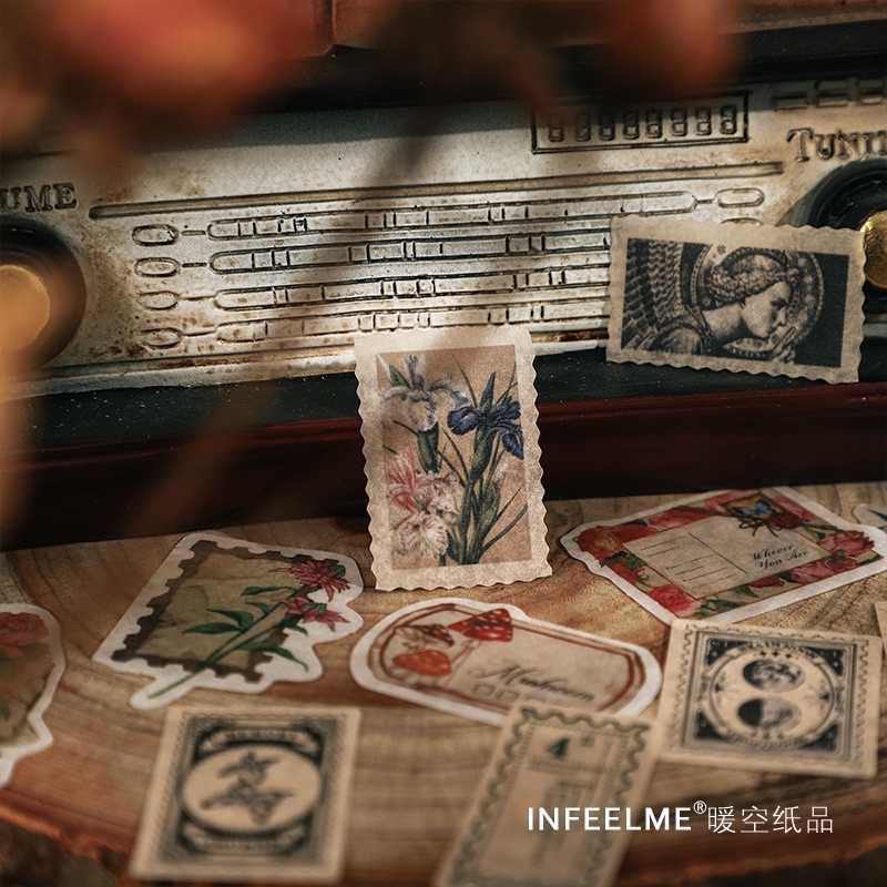 Set 100 sticker nhãn dán washi mini hình tem vintage cổ điển trang trí sổ bullet journal