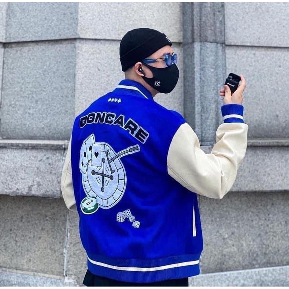 Áo varsity jacket DONCARE A Few Good Kid lá bài xanh bản cao cấp, Áo khoác bóng chày nam nữ thêu hình họa tiết form rộng