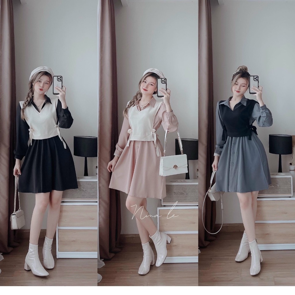 Đầm tay dài cổ sơ mi cài nút kèm áo borip cột nơ eo đẹp xuất sắc
