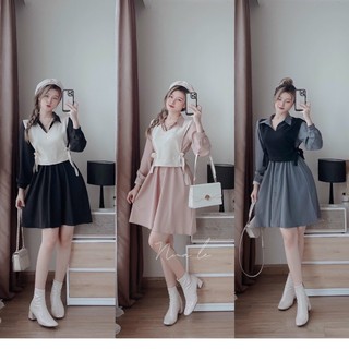 Đầm tay dài cổ sơ mi cài nút kèm áo borip cột nơ eo đẹp xuất sắc
