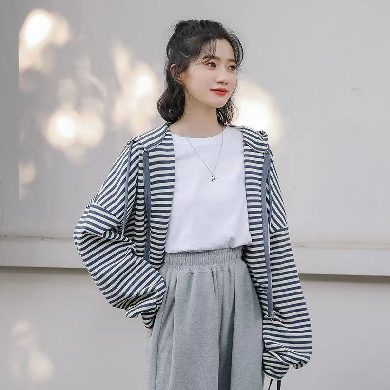 Áo Khoác Thể Thao Có Nón Phối Khóa Kéo Họa Tiết Kẻ Sọc Thời Trang 2022 Plus Size Cho Nữ 7GOB
